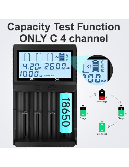 Cargador de Baterías IMREN D4 4 Bahías LCD 1000mA 18650 21700