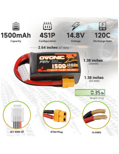Batería Lipo OVONIC 14.8V 1500mAh 120C 4S XT60 Paquete de 2 2