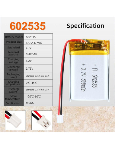Batería Lipo 3.7V 500mAh AKZYTUE con conector JST PH2.0mm