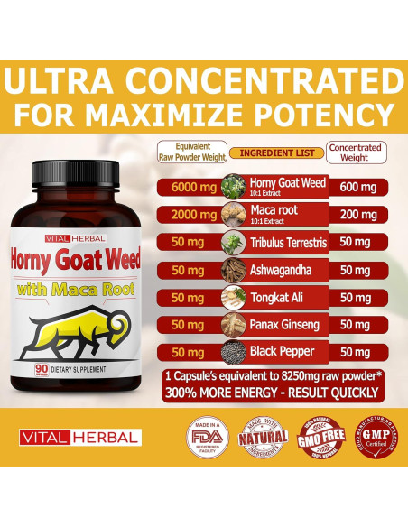 Cápsulas Vital Herbal Horny Goat Weed 90 Unidades Energía