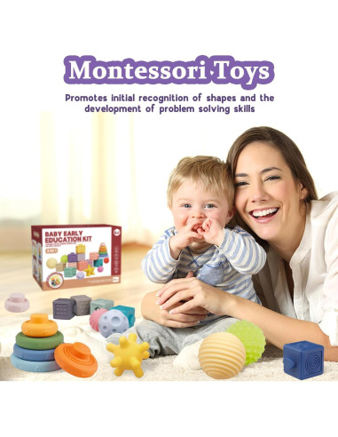 Juguetes Montessori para Bebés IFLOVE 3 en 1 - Bloques, Anillos y Pelotas
