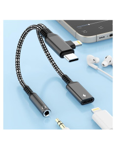 Adaptador Divisor de Carga y Auriculares Lightning USB C - Negro