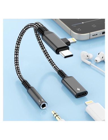 Adaptador Divisor de Carga y Auriculares Lightning USB C - Negro