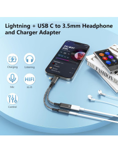 Adaptador Divisor de Carga y Auriculares Lightning USB C - Negro 2