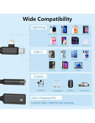 Adaptador Divisor de Carga y Auriculares Lightning USB C - Negro