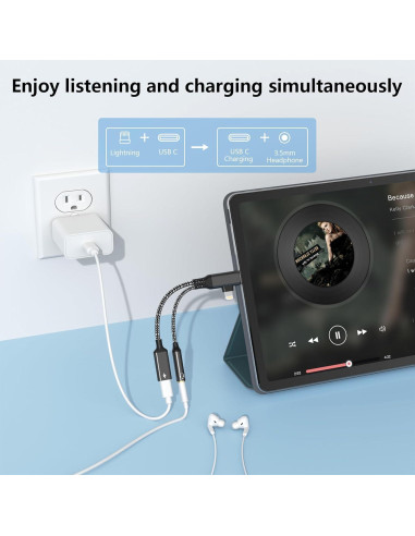 Adaptador Divisor de Carga y Auriculares Lightning USB C - Negro