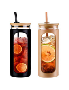 Vasos de Vidrio Kodrine 20oz con Tapa de Bambú y Popotes - 2 Pack