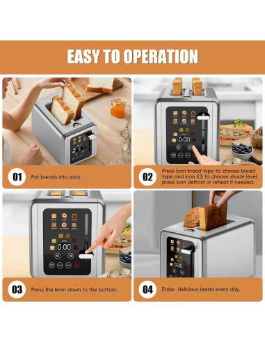 Tostadora WUNLY de 2 Rebanadas Acero Inoxidable Pantalla Táctil