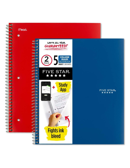 Cuaderno Espiral 5 Materias Five Star 200 Hojas Azul y Rojo