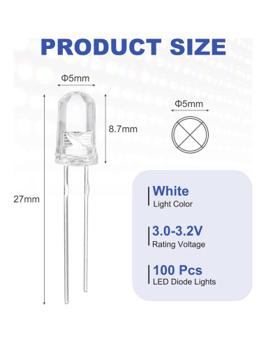 100 Diodos LED 5mm Blancos Cálidos MECCANIXITY para Electrónica