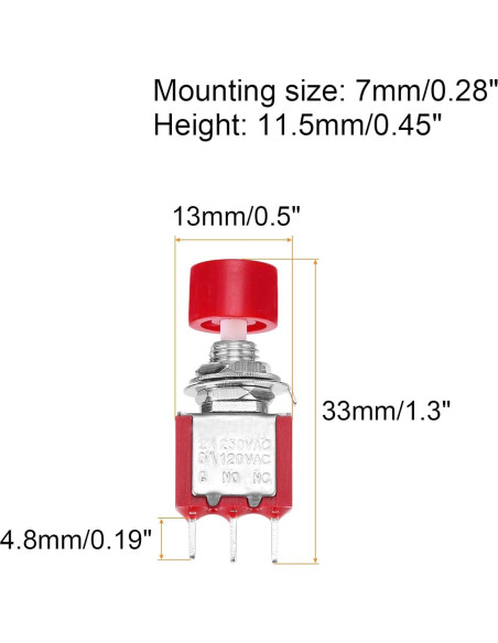 Interruptor de Botón Mini MECCANIXITY 3 Pcs 2A 250V Rojo