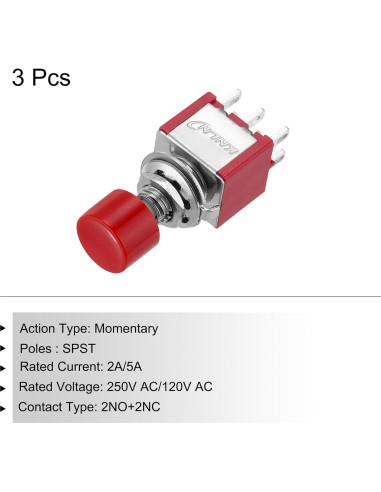 Interruptor de Botón Mini MECCANIXITY 3 Pcs 2A 250V Rojo