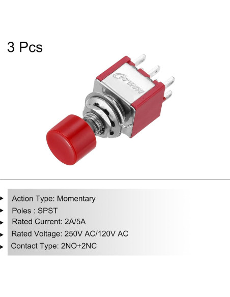 Interruptor de Botón Mini MECCANIXITY 3 Pcs 2A 250V Rojo