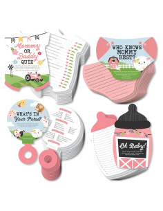 Paquete de Juegos de Baby Shower Granja Rosa - 4 Juegos