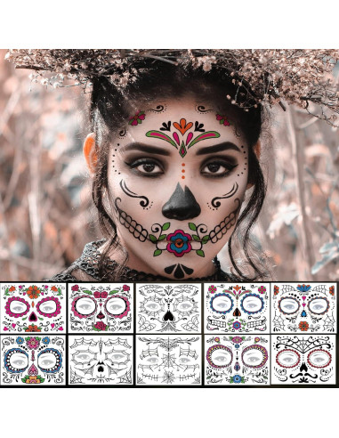 Tatuajes Temporales Día de los Muertos ZiYin - 10 Hojas Faciales