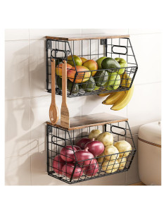 Cesta de Frutas Apilable Delamu 2 Paquete con Tapa de Madera