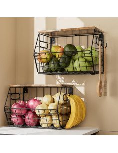 Cesta de Frutas Apilable Delamu 2 Paquete con Tapa de Madera 2