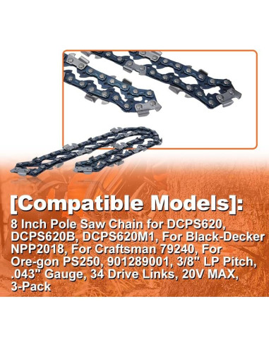 Cadena de sierra de poste 20V Mtanlo 901289001 3-Pack 8"