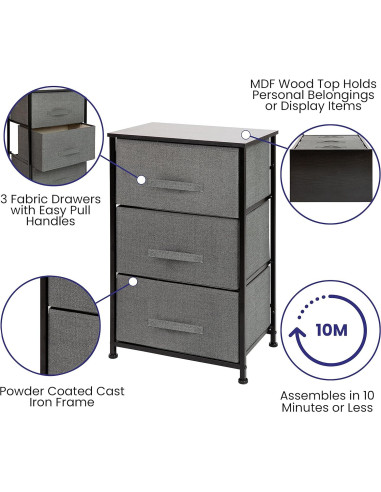 Cajonera Flash Furniture 3 Cajones Tela Gris y Marco Negro