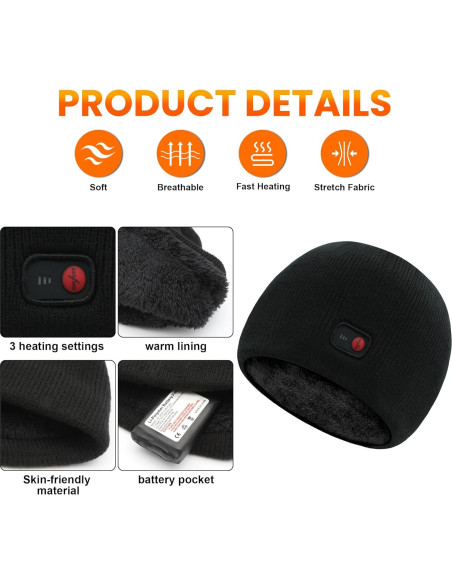 Gorro Calentado QILOVE 7.4V Unisex Negro - Invierno