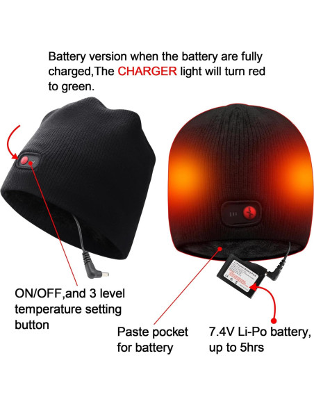 Gorro Calentado QILOVE 7.4V Unisex Negro - Invierno