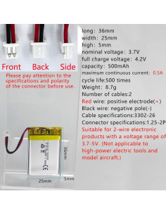 Batería de polímero de litio 3.7V 500mAh HXJN 502535 2