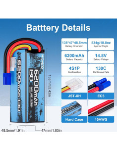 Batería Lipo HOOVO 4S 14.8V 6200mAh 130C para Coche RC 2