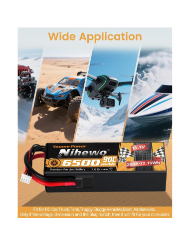 Batería Lipo 3S 11.1V 6500mAh Nihewo 90C para RC - 2 Paquetes