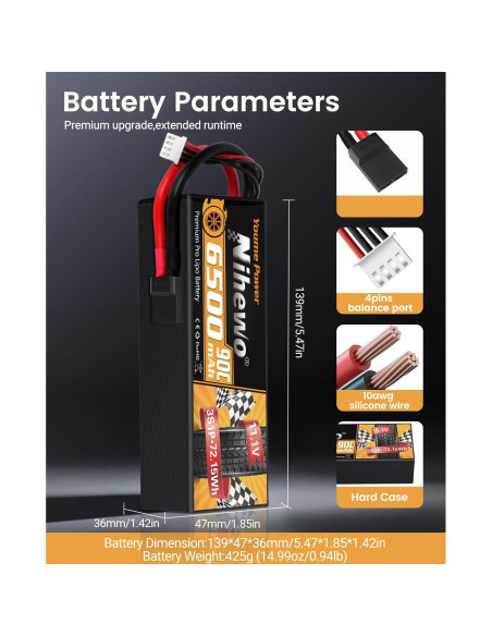Batería Lipo 3S 11.1V 6500mAh Nihewo 90C para RC - 2 Paquetes