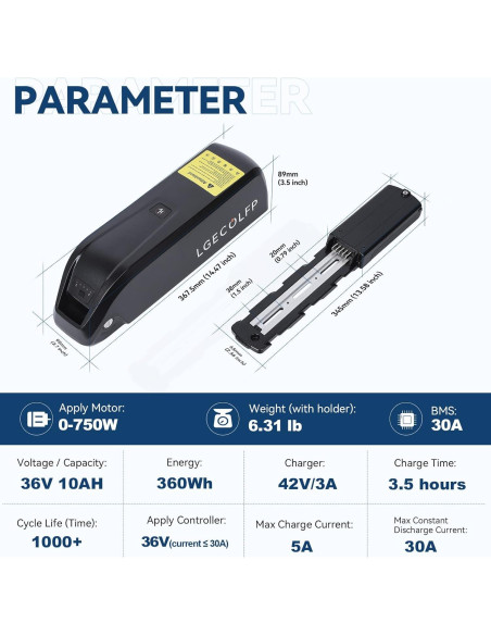 Batería de Litio 36V 10Ah LGECOLFP para Bicicleta Eléctrica