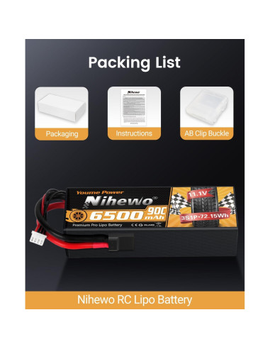 Batería Lipo 3S 11.1V 6500mAh Nihewo 90C para RC - 2 Paquetes