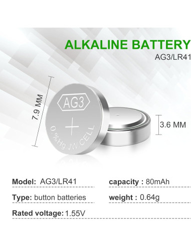 Baterías LR41 AG3 1.5V Botón Sin Mercurio - Paquete 25 Unidades