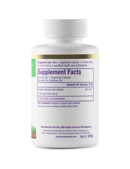 Extracto de Bacopa Paradise Herbs 60 Cápsulas Veganas Sin Gluten