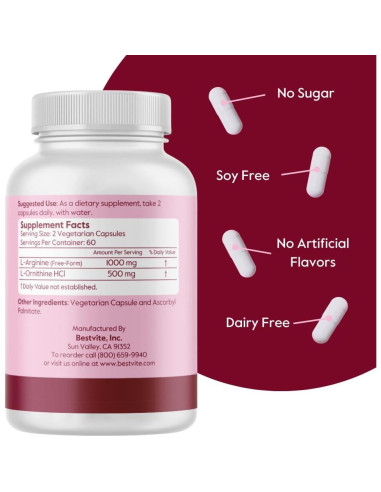 Suplemento L-Arginina L-Ornitina Bestvite 240 Cápsulas Veganas