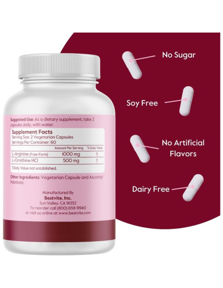 Suplemento L-Arginina L-Ornitina Bestvite 240 Cápsulas Veganas