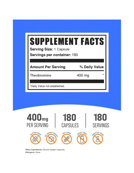 Cápsulas de Teobromina BulkSupplements 400mg - Energía y Cerebro