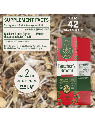 Tintura de Raíz de Escoba de Butcher Herbamama 59 ml - Soporte Vegano para Piernas