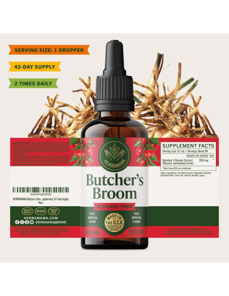 Tintura de Raíz de Escoba de Butcher Herbamama 59 ml - Soporte Vegano para Piernas