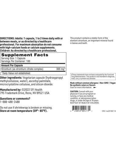 Klaire Labs Citrato de Estroncio 300 mg - Hipoalergénico 100 Cápsulas