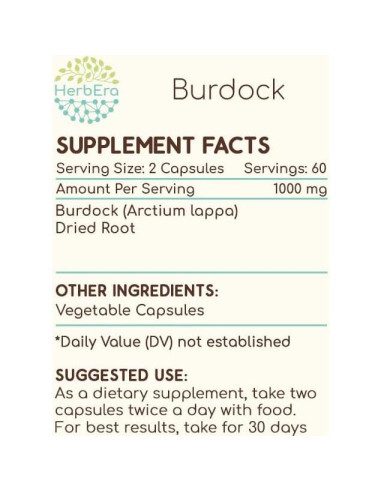 Cápsulas de Bardana HerbEra 120 unidades 500 mg 100% Natural
