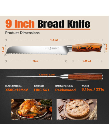 Cuchillo de Pan TUO 22.86 cm Acero Alto Carbono Mango Ergonómico