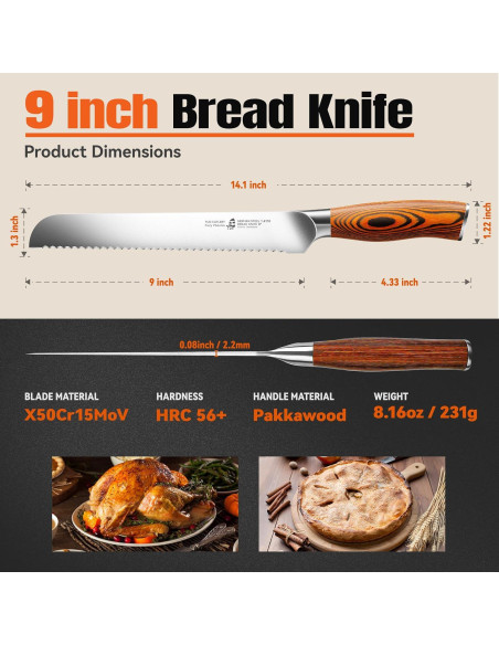 Cuchillo de Pan TUO 22.86 cm Acero Alto Carbono Mango Ergonómico