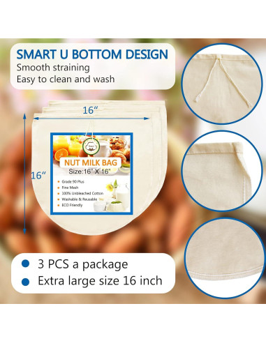 Paquete de 3 bolsas de leche de nuez Huppar 40.64x40.64cm algodón