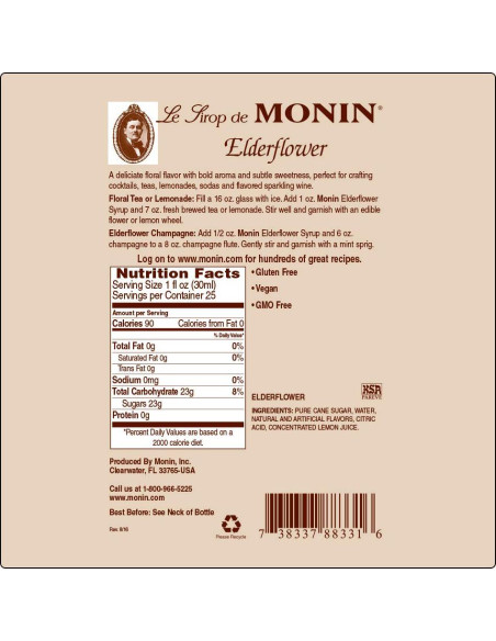Jarabe de Flor de Saúco Monin 750 ml - Sin Gluten, No OGM