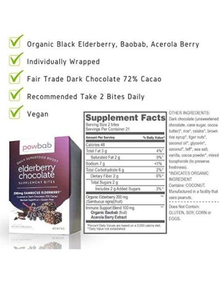 Bocados de Chocolate Orgánico 72% Cacao powbab con Saúco