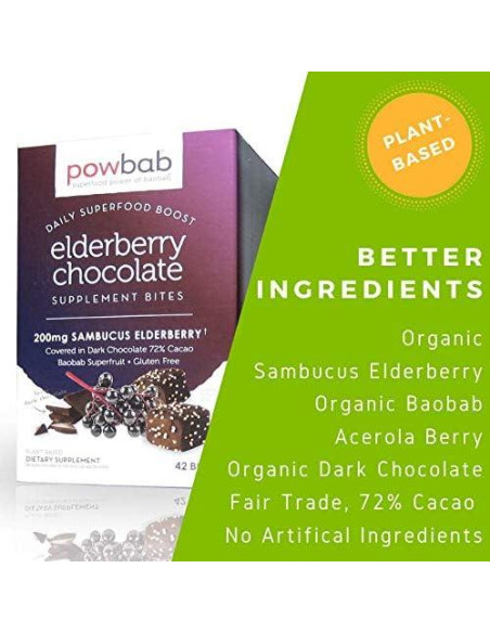 Bocados de Chocolate Orgánico 72% Cacao powbab con Saúco