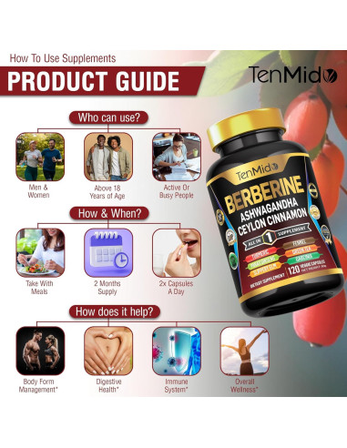 Suplemento de Berberina Tenmido 120 Cápsulas - Salud Digestiva y Inmunológica