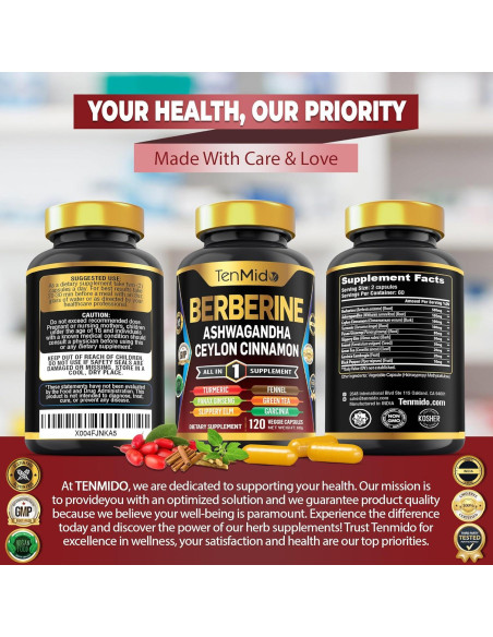 Suplemento de Berberina Tenmido 120 Cápsulas - Salud Digestiva y Inmunológica