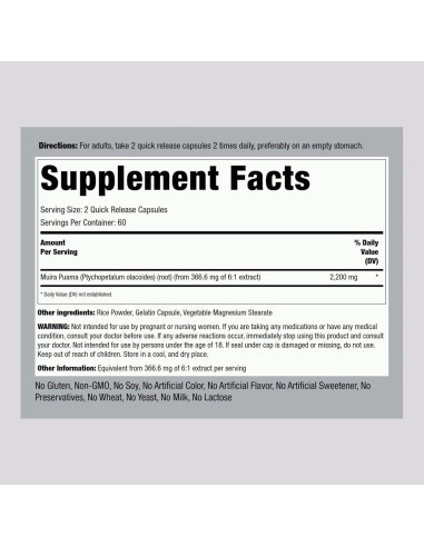 Extracto de Raíz de Muira Puama Piping Rock 2200 mg 120 Cápsulas