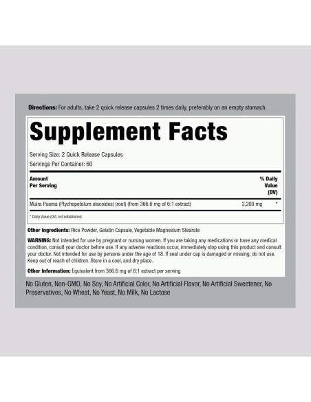 Extracto de Raíz de Muira Puama Piping Rock 2200 mg 120 Cápsulas